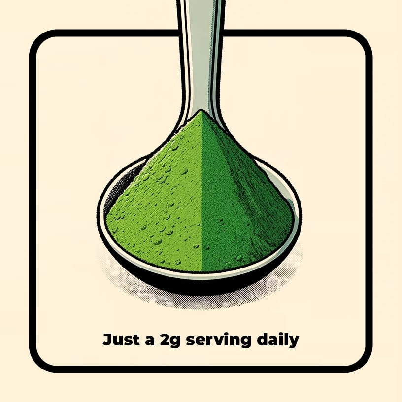 Artwork depicting a 2g serving of super greens supplements